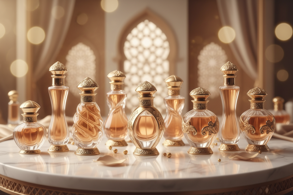 Luxury perfume bottles with gold accents on marble table, elegant Middle Eastern design
