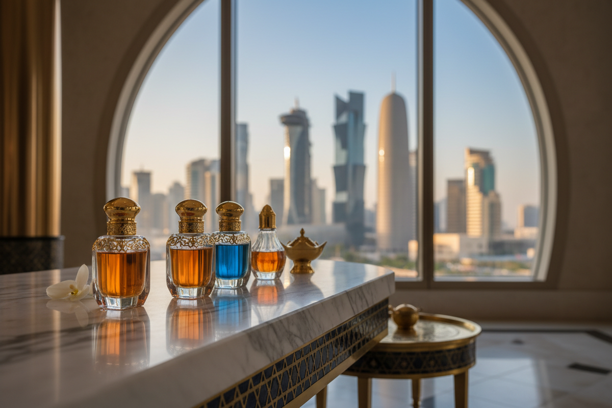 Luxury perfumes on marble table with Doha skyline view, elegant bottles with gold caps and floral accent