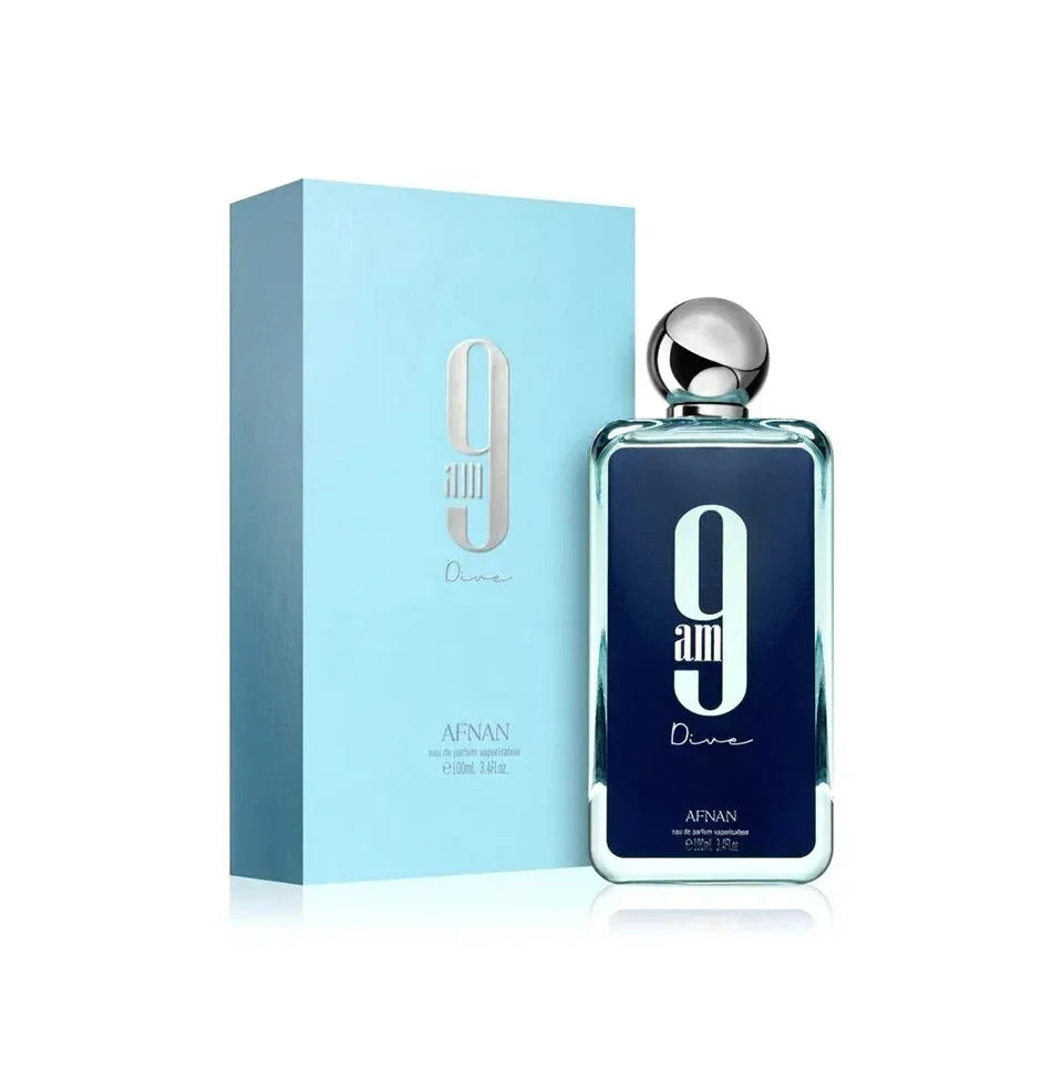 Afnan 9AM Dive Eau de Parfum bottle with packaging, featuring a blue bottle with a silver cap and a box with branding.