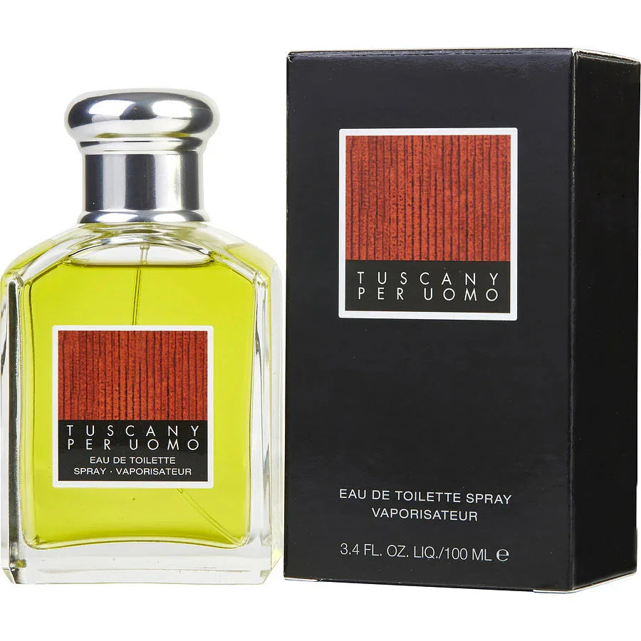 Tuscany Per Uomo Eau de Toilette spray bottle with black box, 100ml men's fragrance