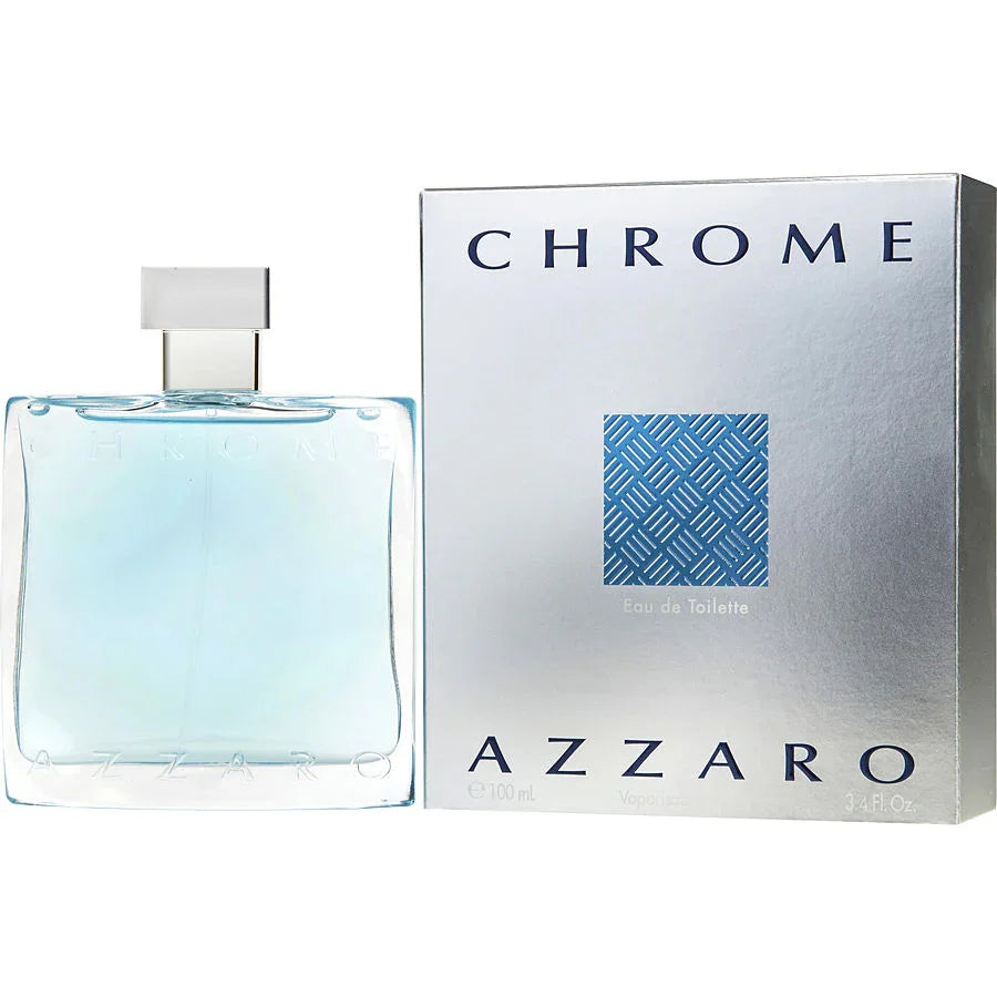 Azzaro Chrome Eau de Toilette 100ml bottle and box, men's fragrance with blue liquid and silver packaging