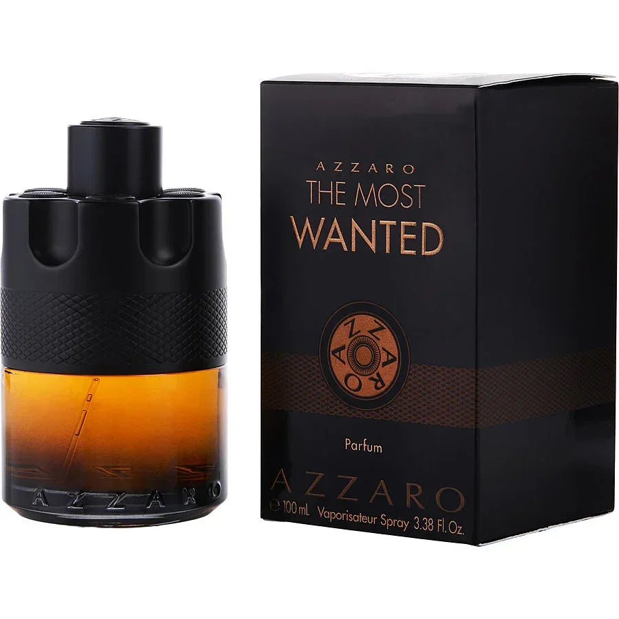 Azzaro The Most Wanted Parfum 100ml bottle and box, luxury men's fragrance with amber liquid and black textured design