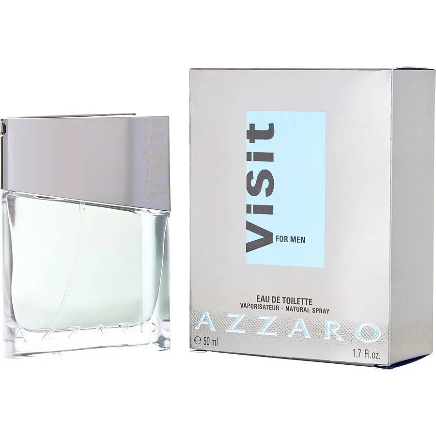 Azzaro Visit for Men Eau de Toilette 50ml bottle and box, sleek silver design, men's fragrance