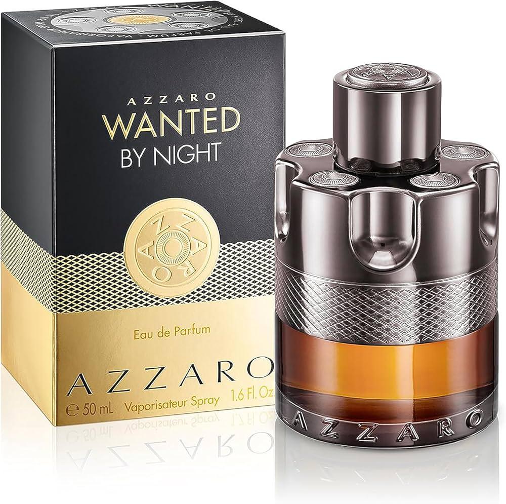 Azzaro Wanted By Night Eau de Parfum 50ml bottle and box, luxury men's fragrance with amber liquid and metallic design