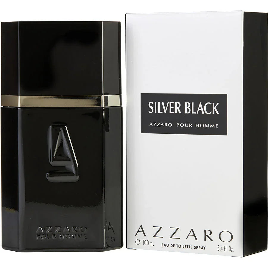 Azzaro Silver Black Eau de Toilette for Men, 100ml bottle with sleek black design and white box packaging