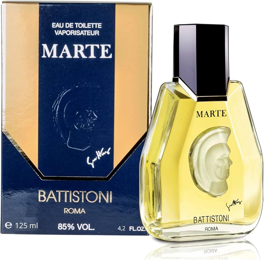 Battistoni Marte Eau de Toilette 125ml, Roma perfume with golden liquid and sculpted bottle design