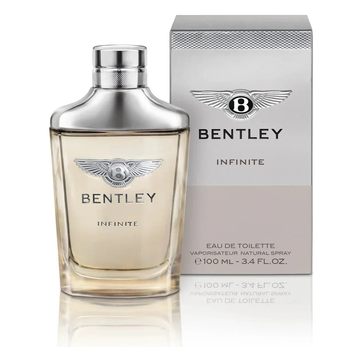 Bentley Infinite Eau de Toilette 100ml bottle and box, luxury men's fragrance with silver wing logo