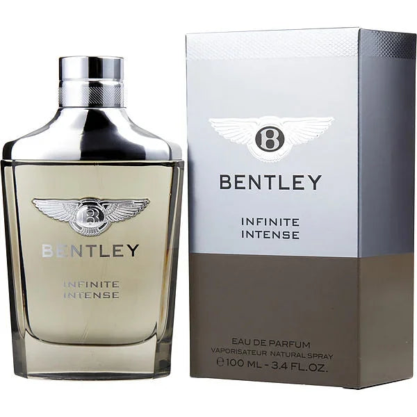 Bentley Infinite Intense Eau de Parfum 100ml bottle and box, luxury men's fragrance with sleek silver design