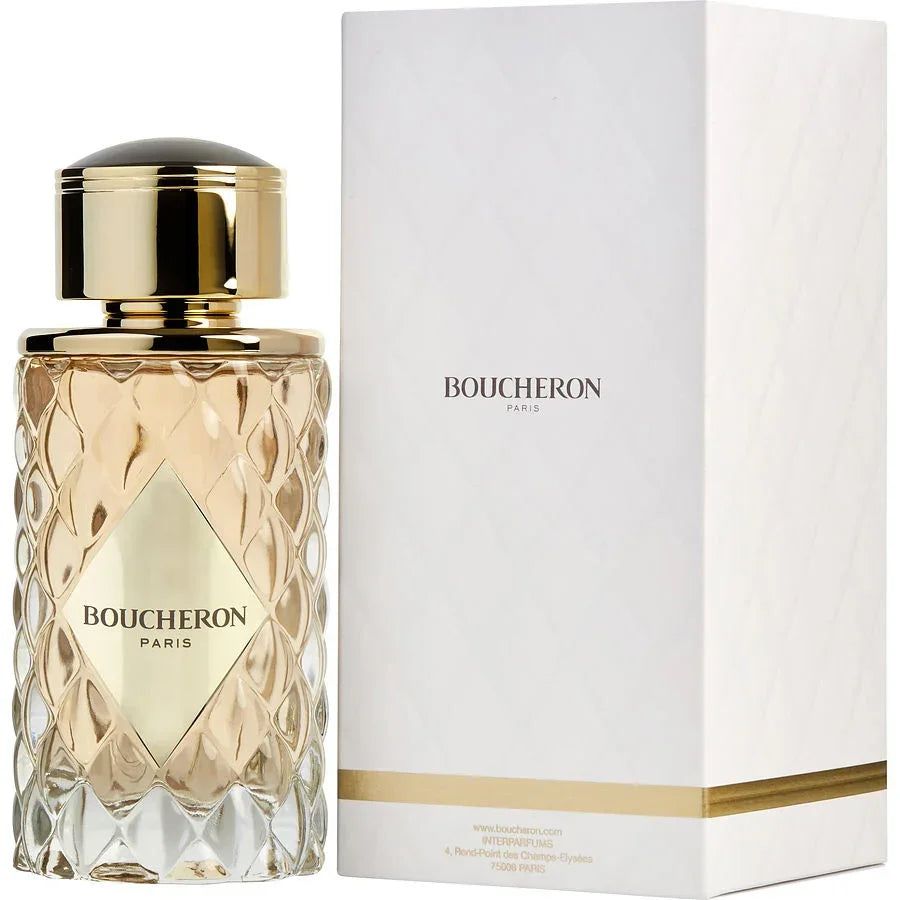 Boucheron Paris luxury perfume bottle with gold cap and textured glass, next to white branded box