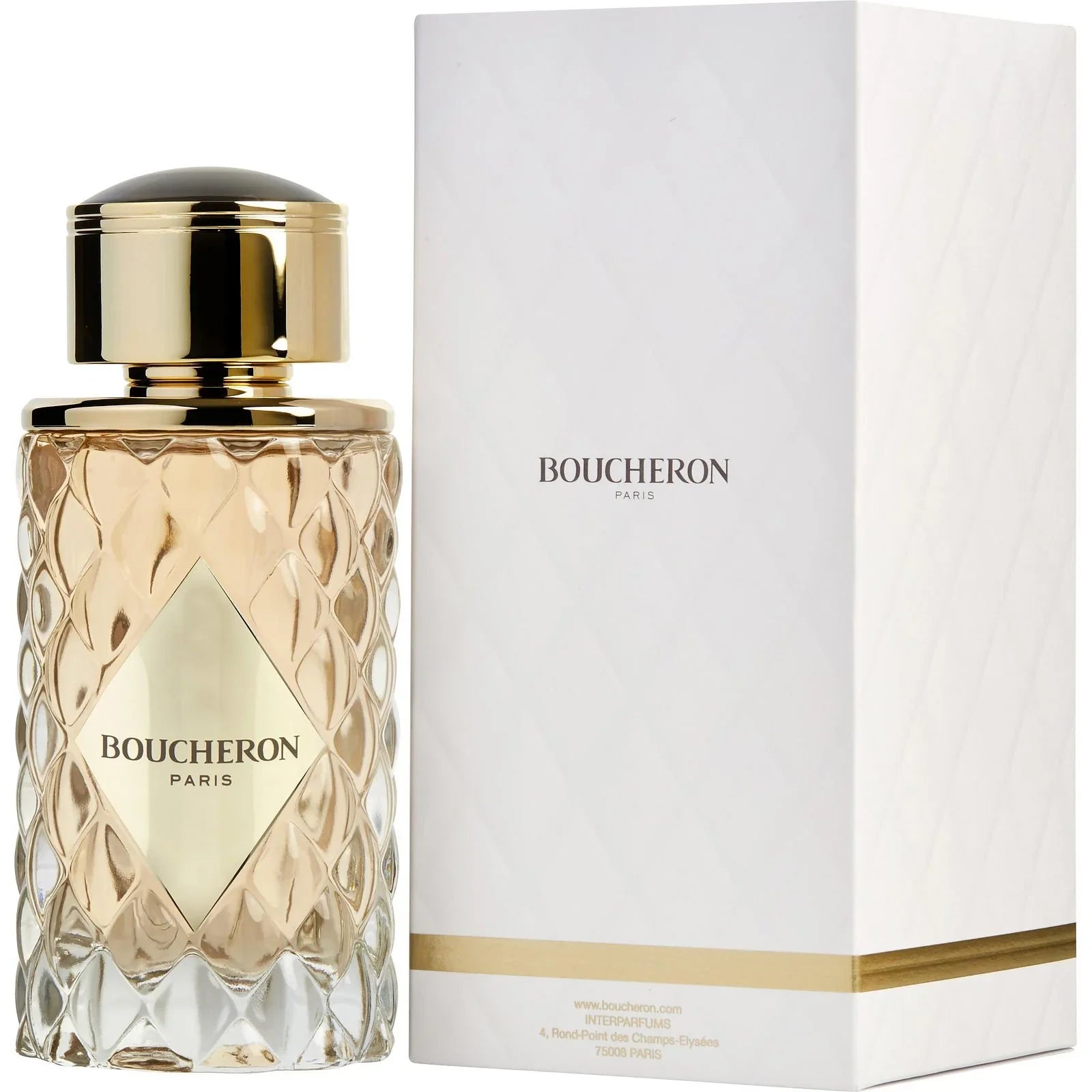 Boucheron Paris luxury perfume bottle with gold cap and textured glass, next to white box