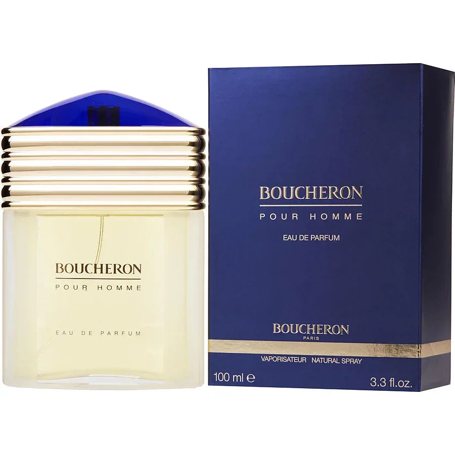 Boucheron Pour Homme Eau de Parfum 100ml bottle with blue cap and navy box, luxury men's fragrance