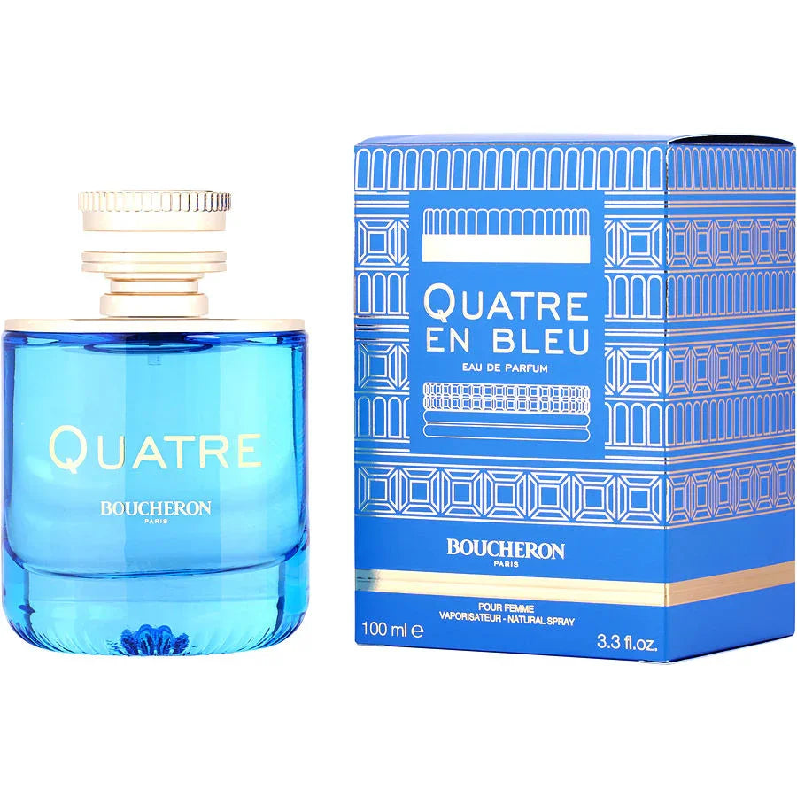 Boucheron Quatre En Bleu Eau de Parfum for women, 100ml blue bottle with gold cap and patterned box