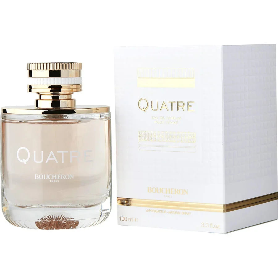 Boucheron Quatre Eau de Parfum for Women, 100ml bottle with gold cap and white packaging, luxury fragrance