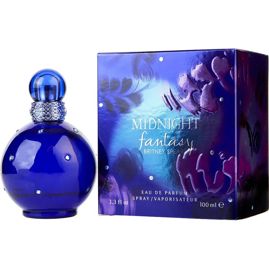 Britney Spears Midnight Fantasy Eau de Parfum 100ml bottle and box, deep blue glass with crystal accents