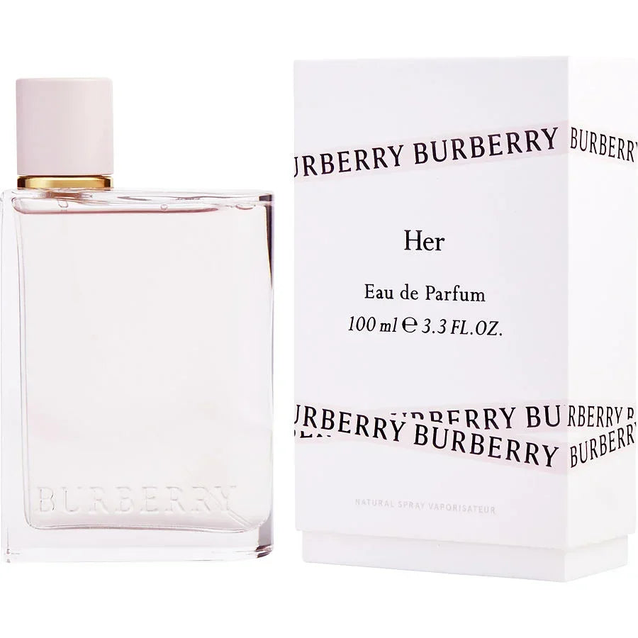 Burberry Her Eau de Parfum 100ml bottle and box, luxury women's fragrance with pink cap and clear glass