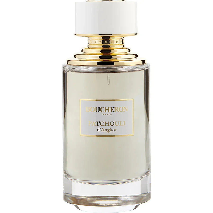 Boucheron Patchouli d'Angkor perfume bottle with gold accents and white cap, luxury fragrance for women and men