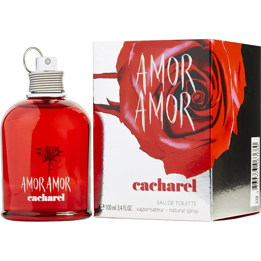 Cacharel Amor Amor Eau de Toilette 100ml red bottle with rose packaging, authentic perfume for women