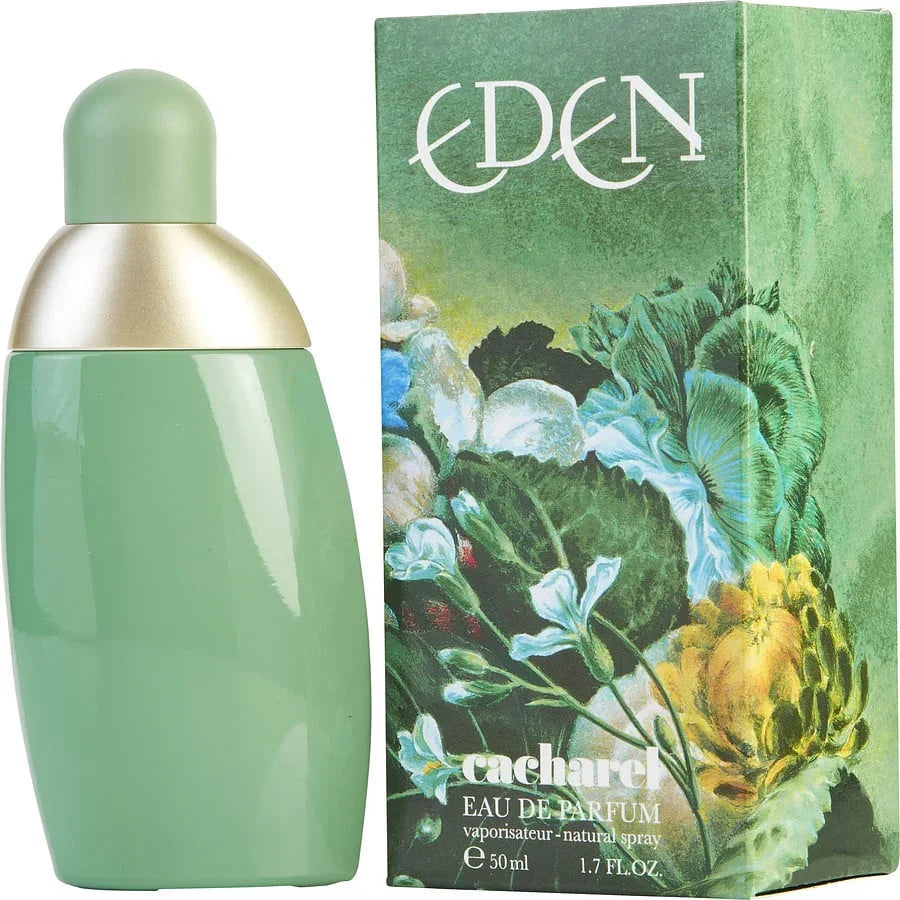 Cacharel Eden Eau de Parfum 50ml bottle with green floral packaging, natural spray fragrance