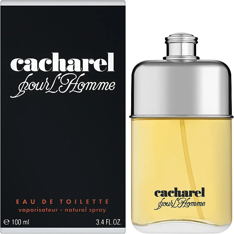 Cacharel Pour Homme Eau de Toilette 100ml bottle and box, men's fragrance with silver cap and amber liquid