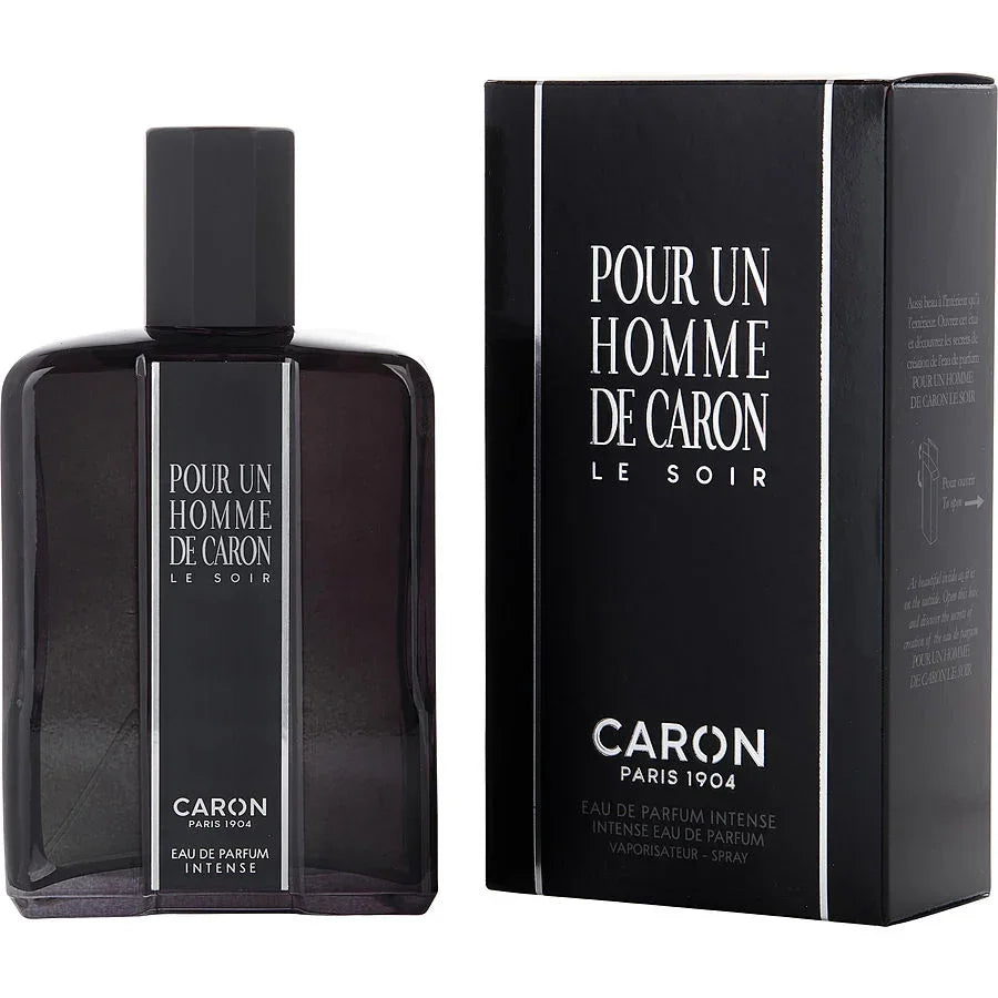 Caron Pour Un Homme de Caron Le Soir Eau de Parfum Intense for men, luxury fragrance with sleek black bottle and box
