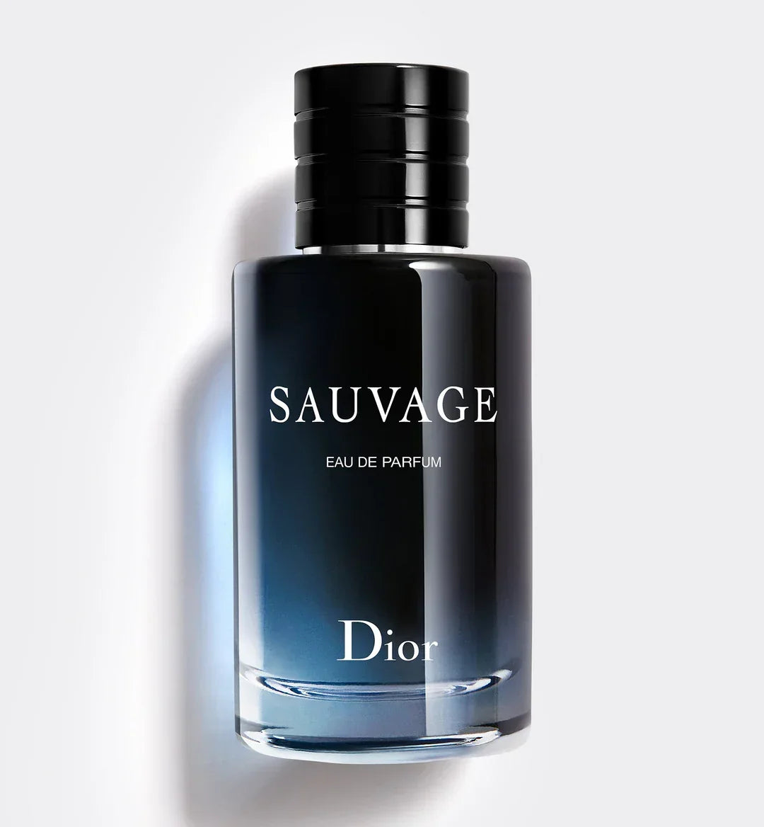 Dior Sauvage Eau de Parfum bottle with black cap, blue gradient glass, luxury men's fragrance