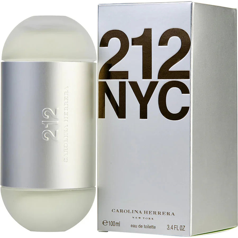 Carolina Herrera 212 NYC eau de toilette 100ml bottle and box, sleek silver design for women’s perfume