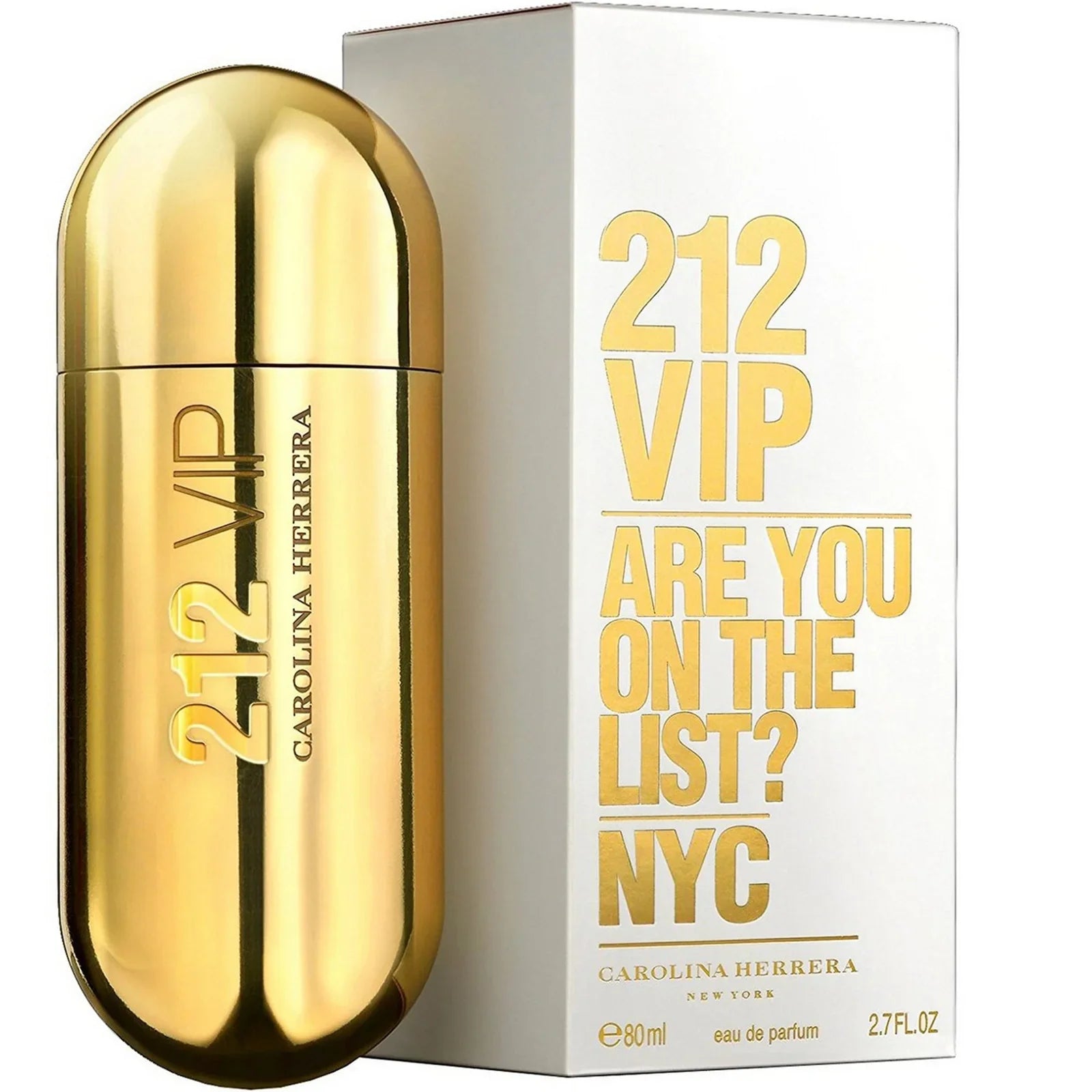Carolina Herrera 212 VIP Eau de Parfum 80ml gold bottle with white box, luxury fragrance for women