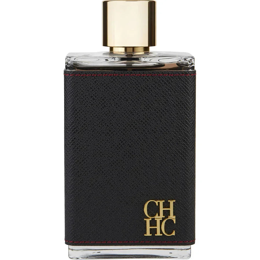 CH HC luxury perfume bottle with black textured wrap and gold cap, elegant fragrance design