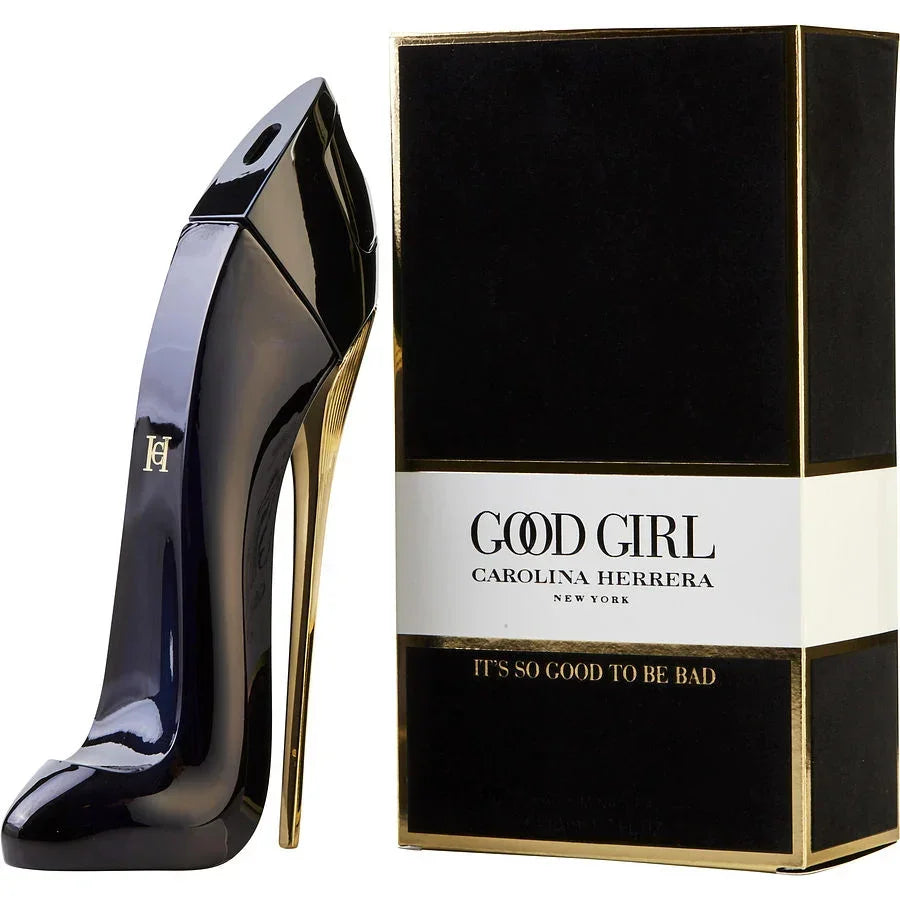 Carolina Herrera Good Girl perfume bottle shaped like black high heel with gold accents, next to box