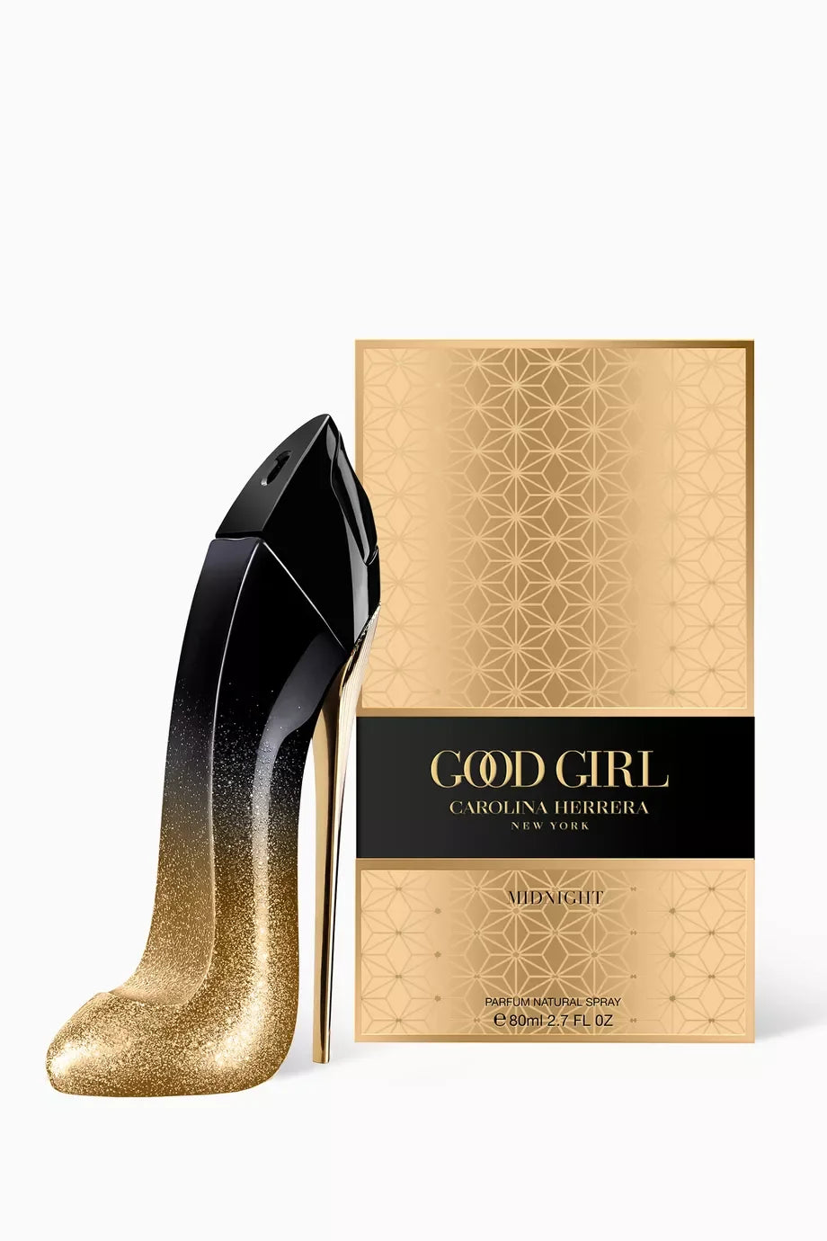 Carolina Herrera Good Girl Midnight perfume bottle shaped like a high heel with gold glitter, 80ml
