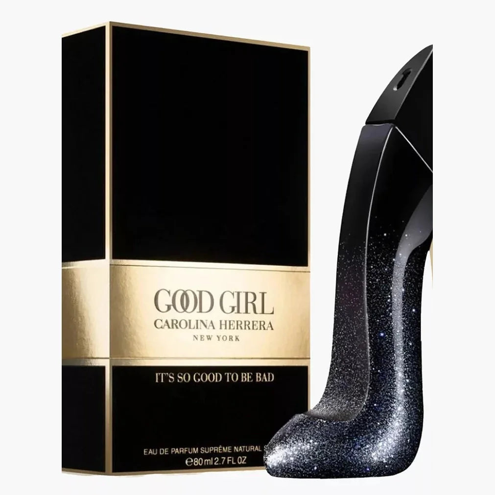 Carolina Herrera Good Girl perfume bottle and box, black glitter high heel design, 80ml Eau de Parfum