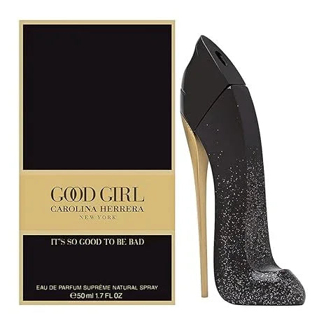 Carolina Herrera Good Girl perfume bottle shaped like black stiletto heel with gold accents, 50ml