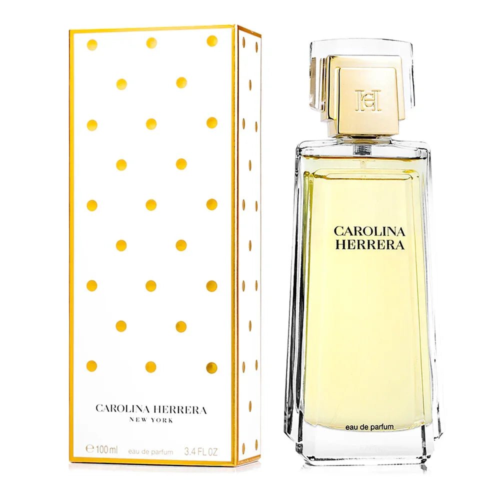 Carolina Herrera eau de parfum 100ml bottle with gold polka dot box, luxury fragrance for women