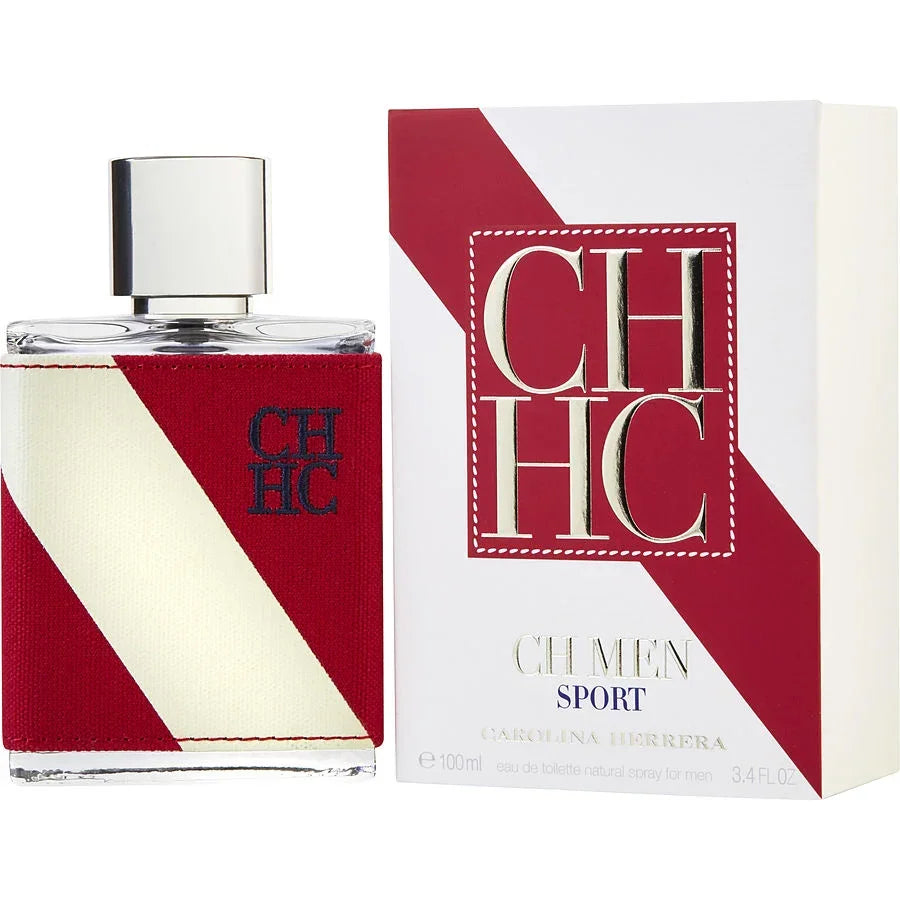 CH Men Sport by Carolina Herrera eau de toilette for men, 100ml bottle with red and white striped design