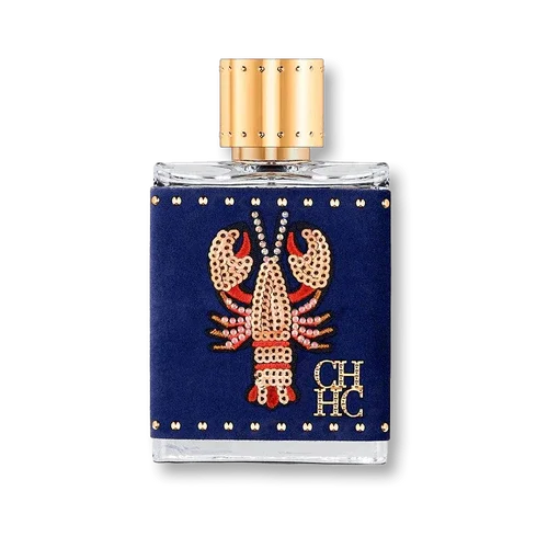 Luxury perfume bottle with navy blue lobster embellishment and gold cap, ideal for fragrance lovers in Qatar.