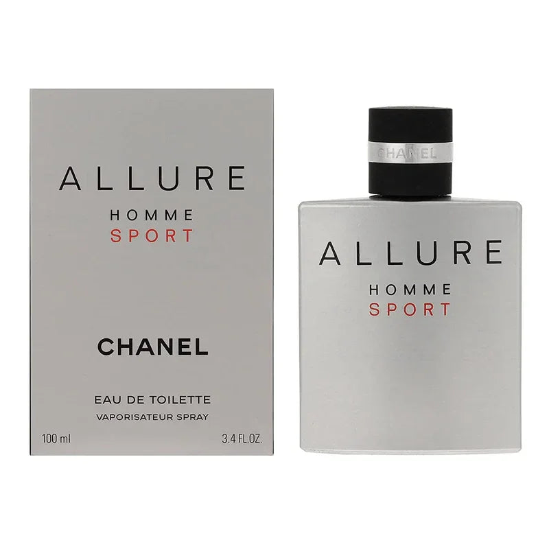 Chanel Allure Homme Sport Eau de Toilette 100ml bottle and box, sleek silver design with black cap