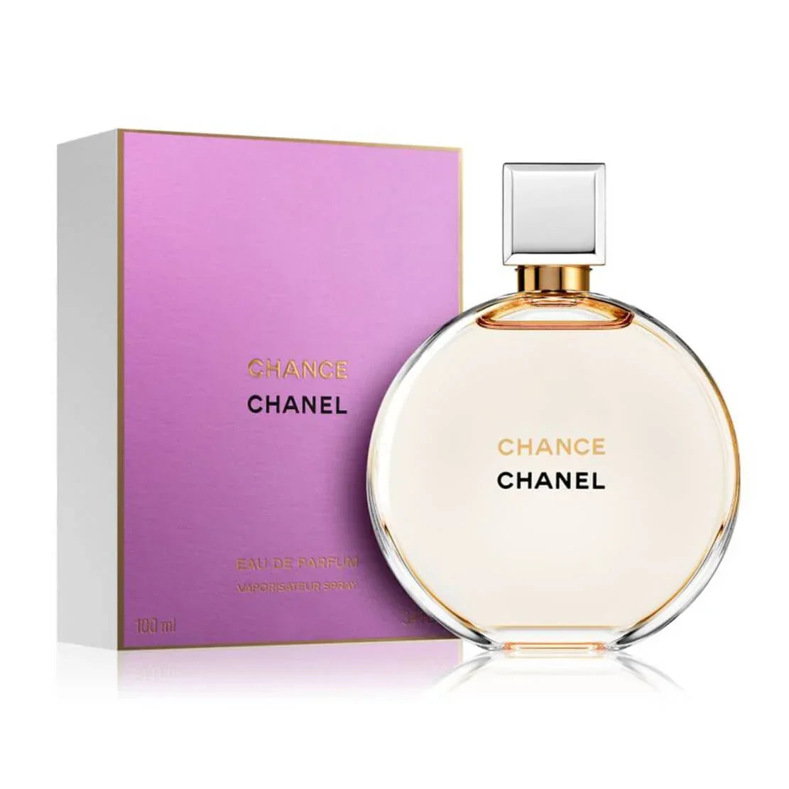 Chanel Chance Eau de Parfum 100ml bottle with purple box, luxury women's fragrance