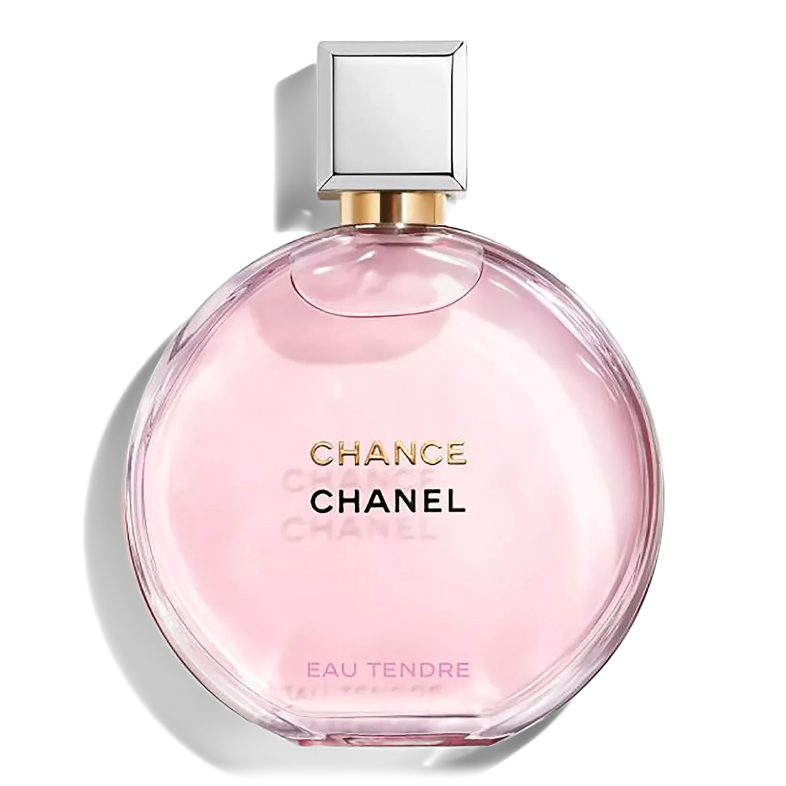 A round pink bottle of Chanel Chance Eau Tendre Eau de Parfum with a clear cap and the brand name printed on the bottle.