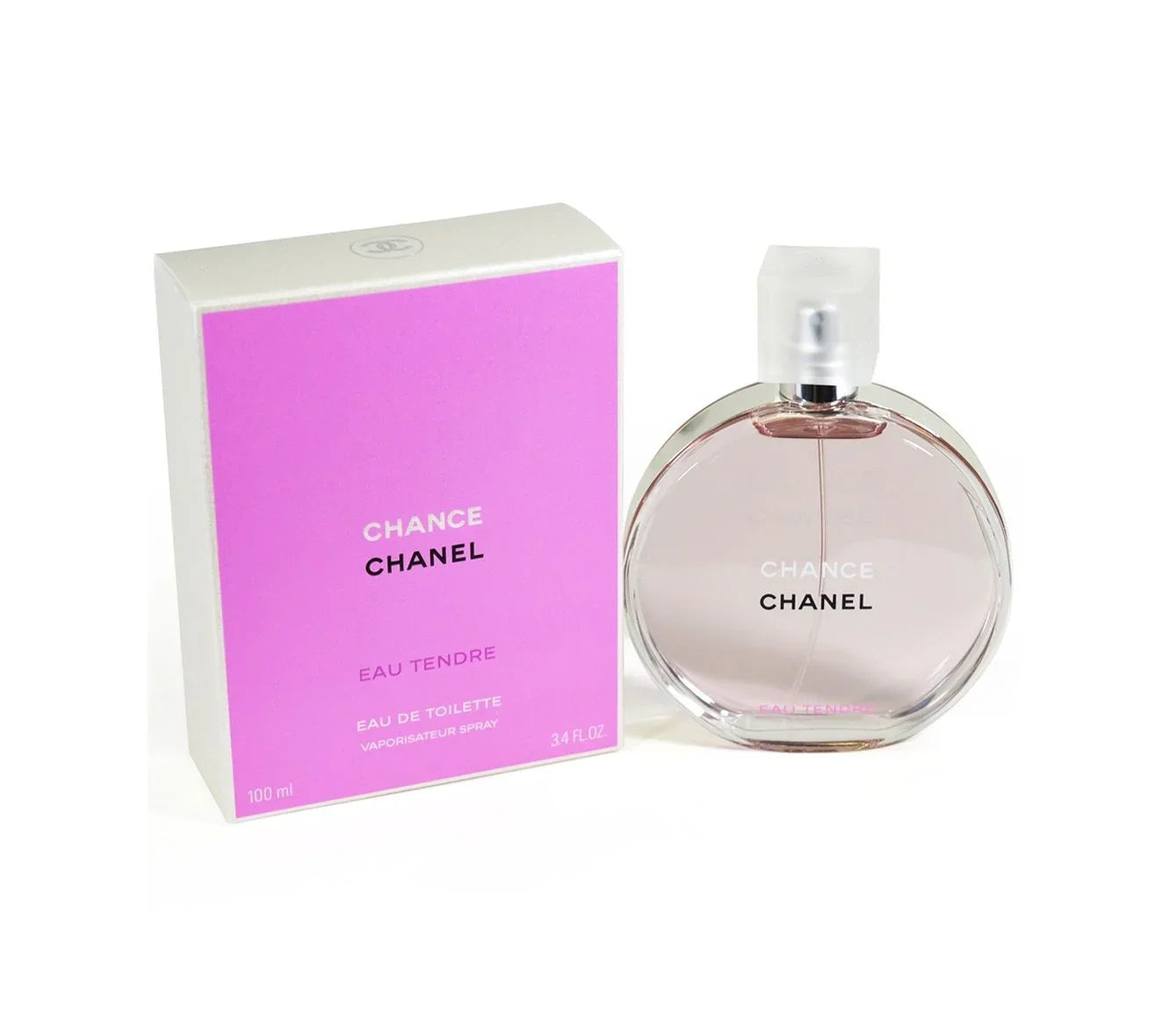 Chanel Chance Eau Tendre Eau de Toilette 100ml bottle with pink packaging, luxury women's perfume
