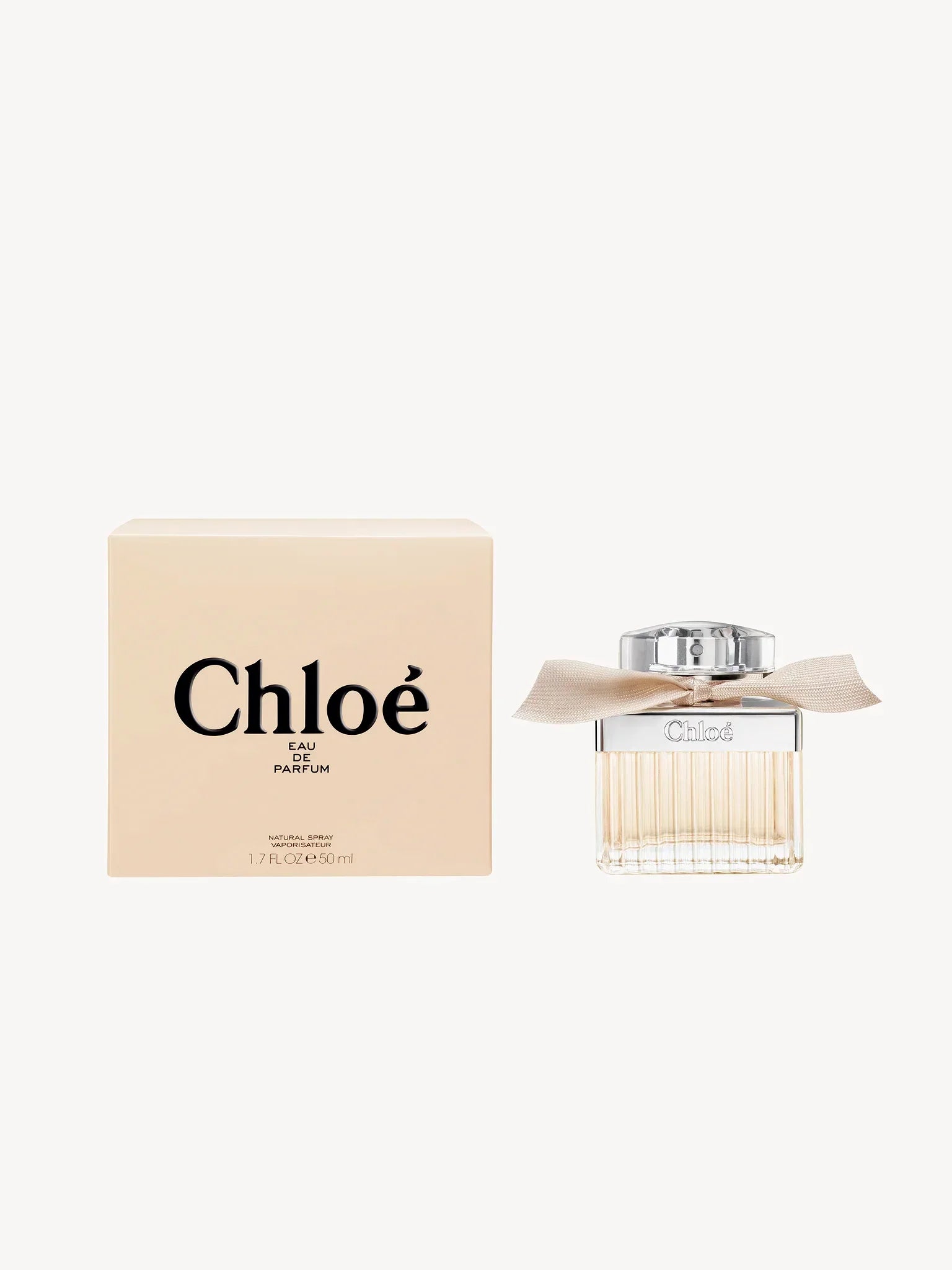 Chloé Eau de Parfum 50ml bottle with ribbon and beige box, luxury fragrance for women