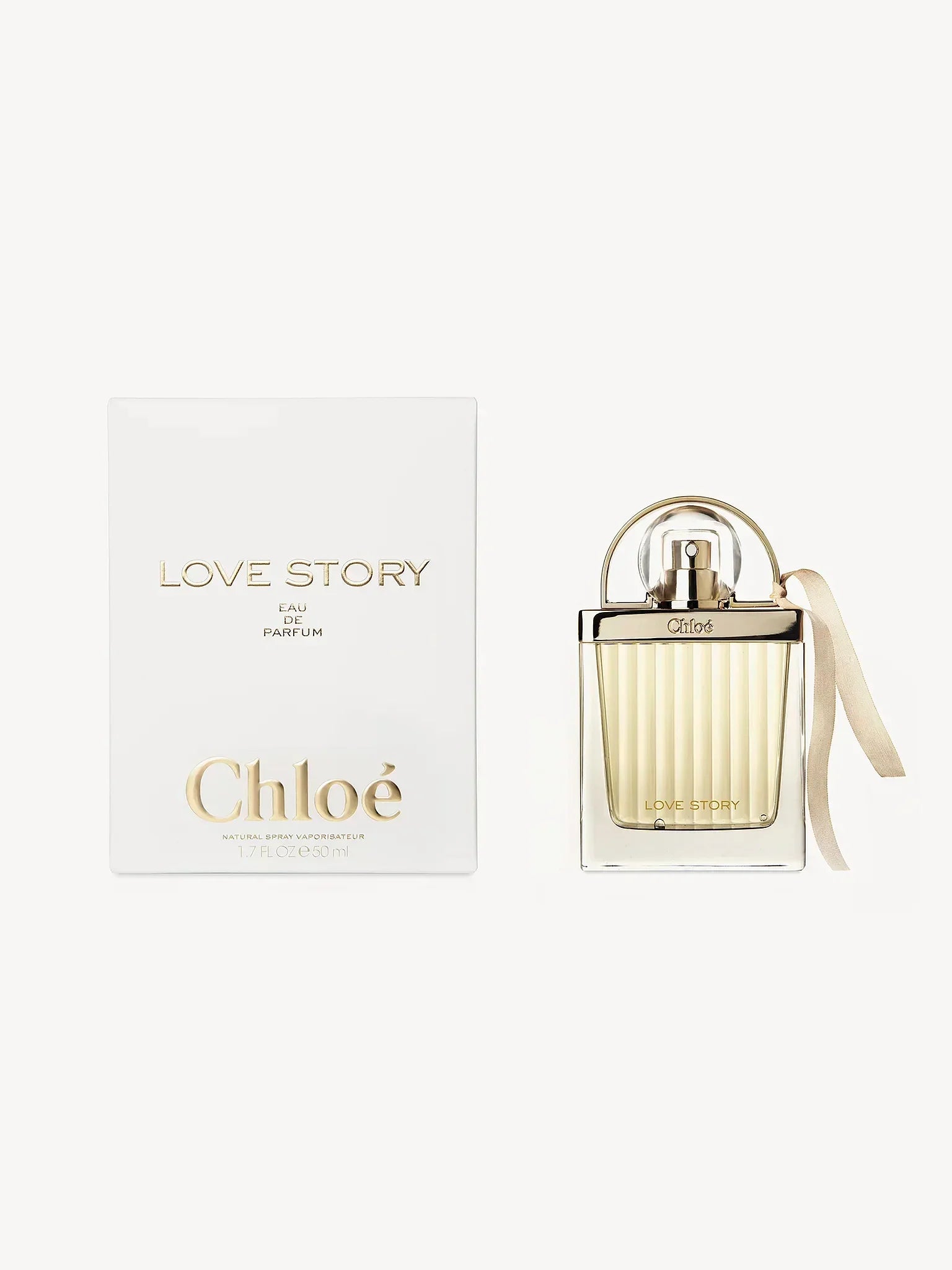 Chloé Love Story Eau de Parfum 50ml bottle with ribbon and white box, luxury women's fragrance