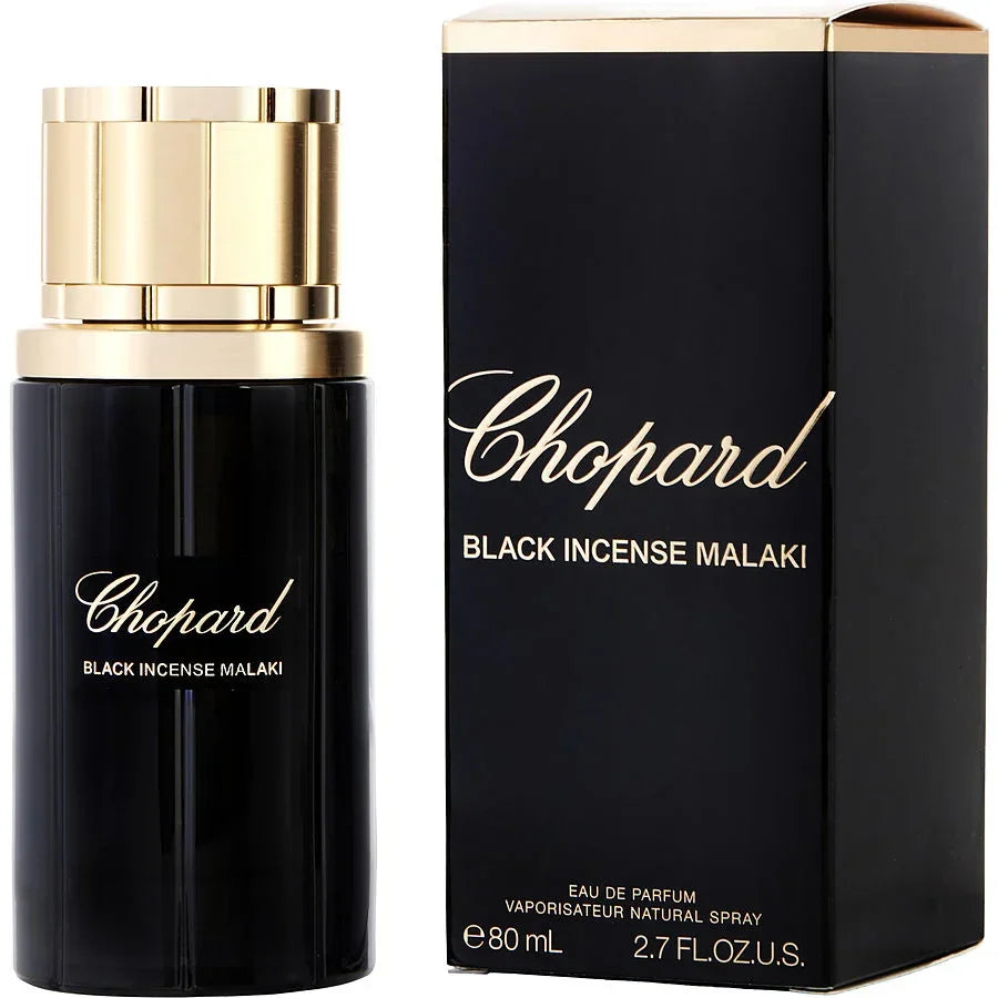 Chopard Black Incense Malaki Eau de Parfum 80ml bottle with gold cap and black box, luxury fragrance for women