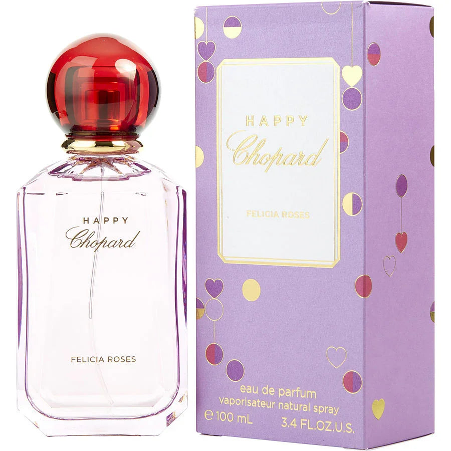 Happy Chopard Felicia Roses eau de parfum bottle with red cap and purple gift box, 100ml