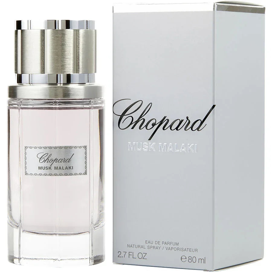 Chopard Musk Malaki Eau de Parfum 80ml bottle with sleek silver cap and packaging, luxury fragrance for women