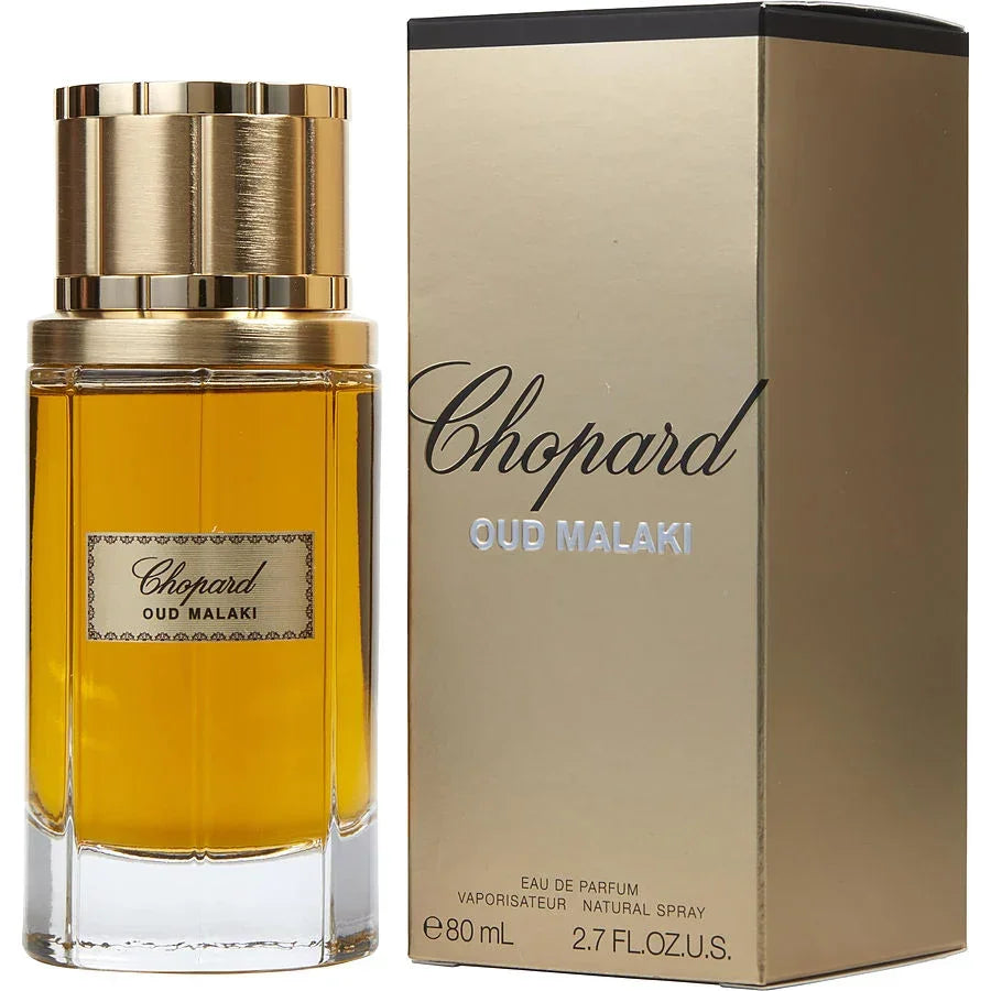 Chopard Oud Malaki Eau de Parfum 80ml bottle with gold cap and luxury packaging for men