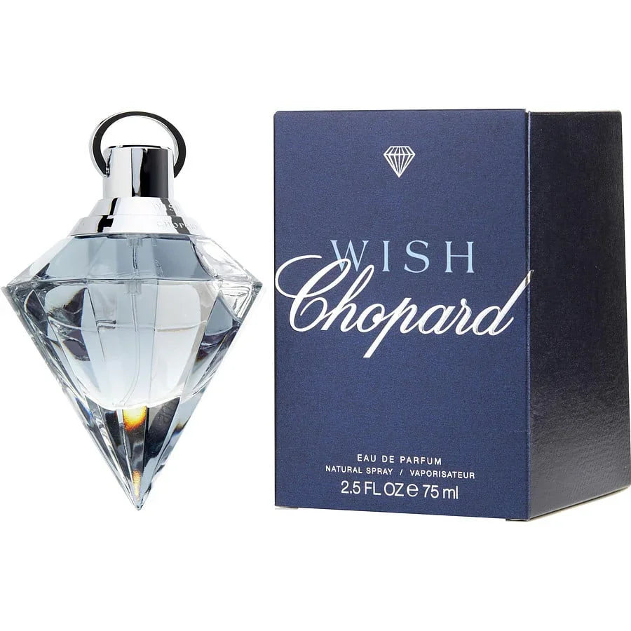 Chopard Wish Eau de Parfum 75ml, diamond-shaped bottle with navy blue box, luxury fragrance for women