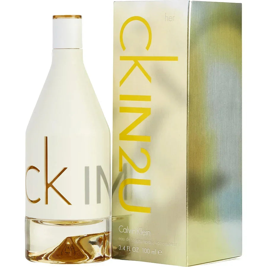 Calvin Klein CK IN2U Her eau de toilette 100ml bottle and box, women's perfume with gold accents