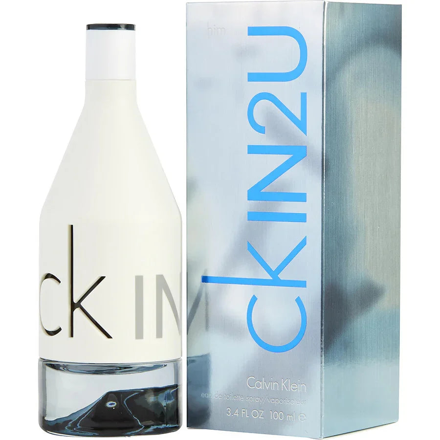 Calvin Klein CK IN2U for Him eau de toilette spray, 100ml bottle with sleek white design and blue packaging
