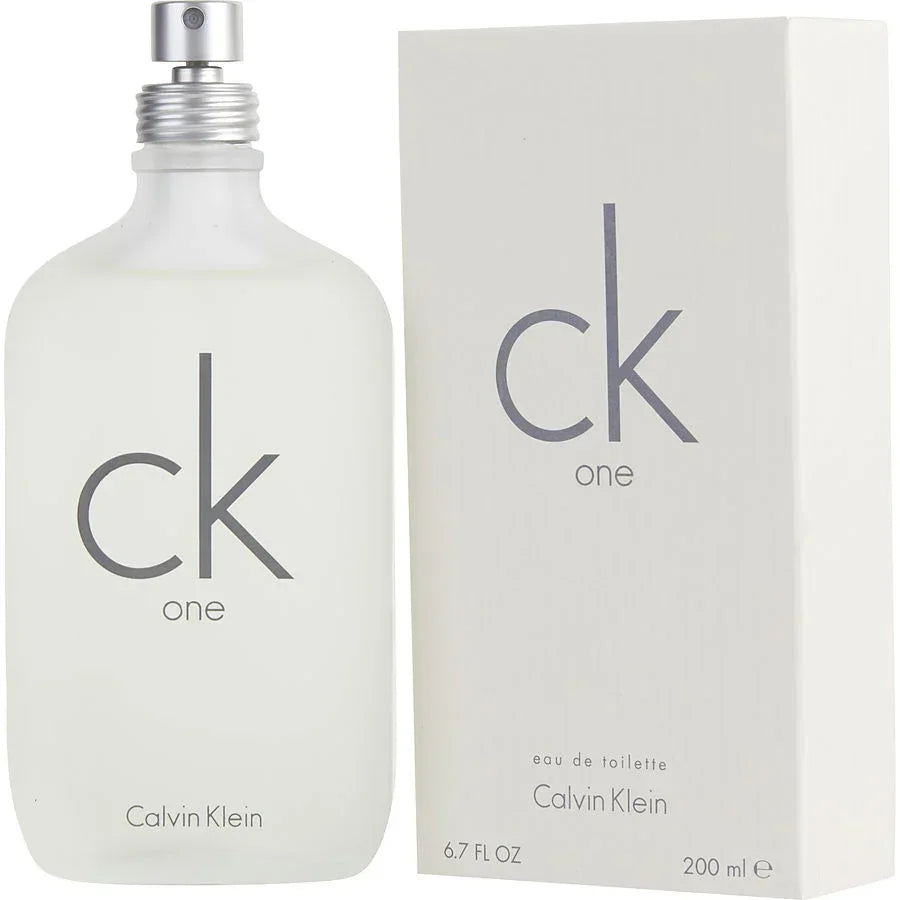 CK One by Calvin Klein eau de toilette 200ml bottle and box, minimalist white design for unisex fragrance