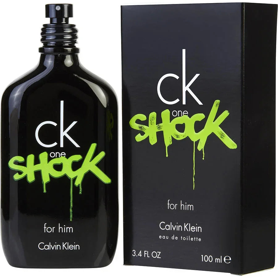 Calvin Klein CK One Shock for Him eau de toilette 100ml bottle and box, bold green logo on black